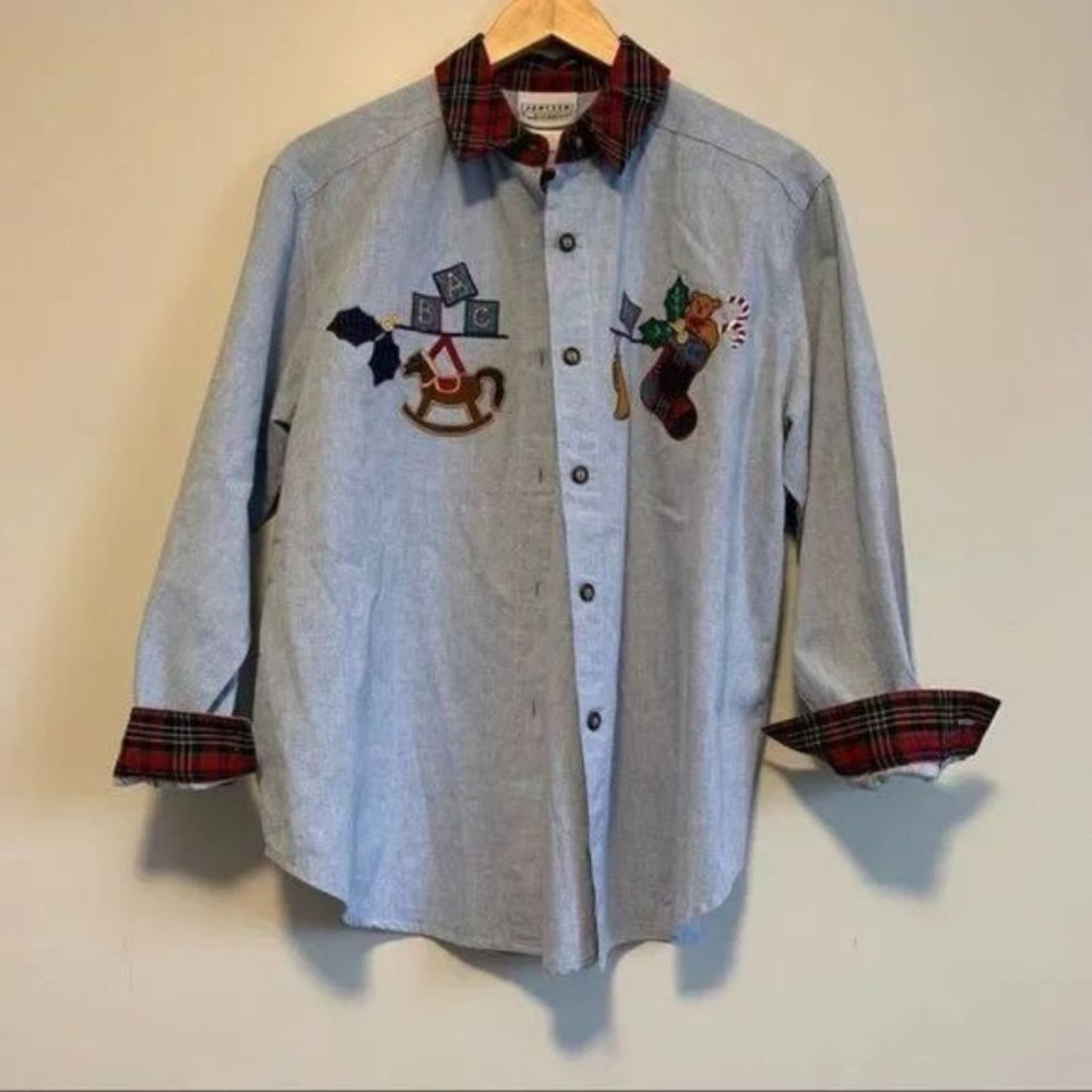 Vintage cottagecore denim embroidered button front blouse with plaid collar M